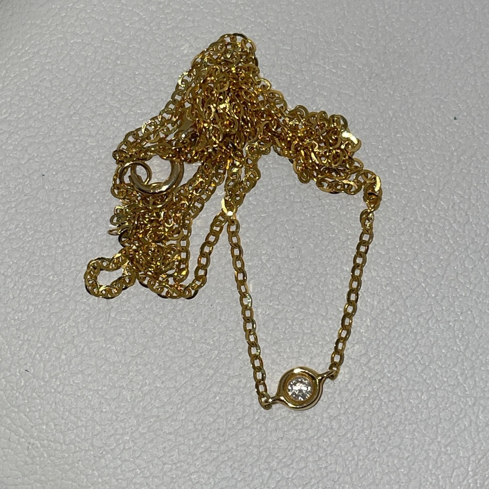 Solid 14K Yellow Gold Natural Diamond Solitaire XS Bezel Necklace Minimalist - Picture 2 of 13